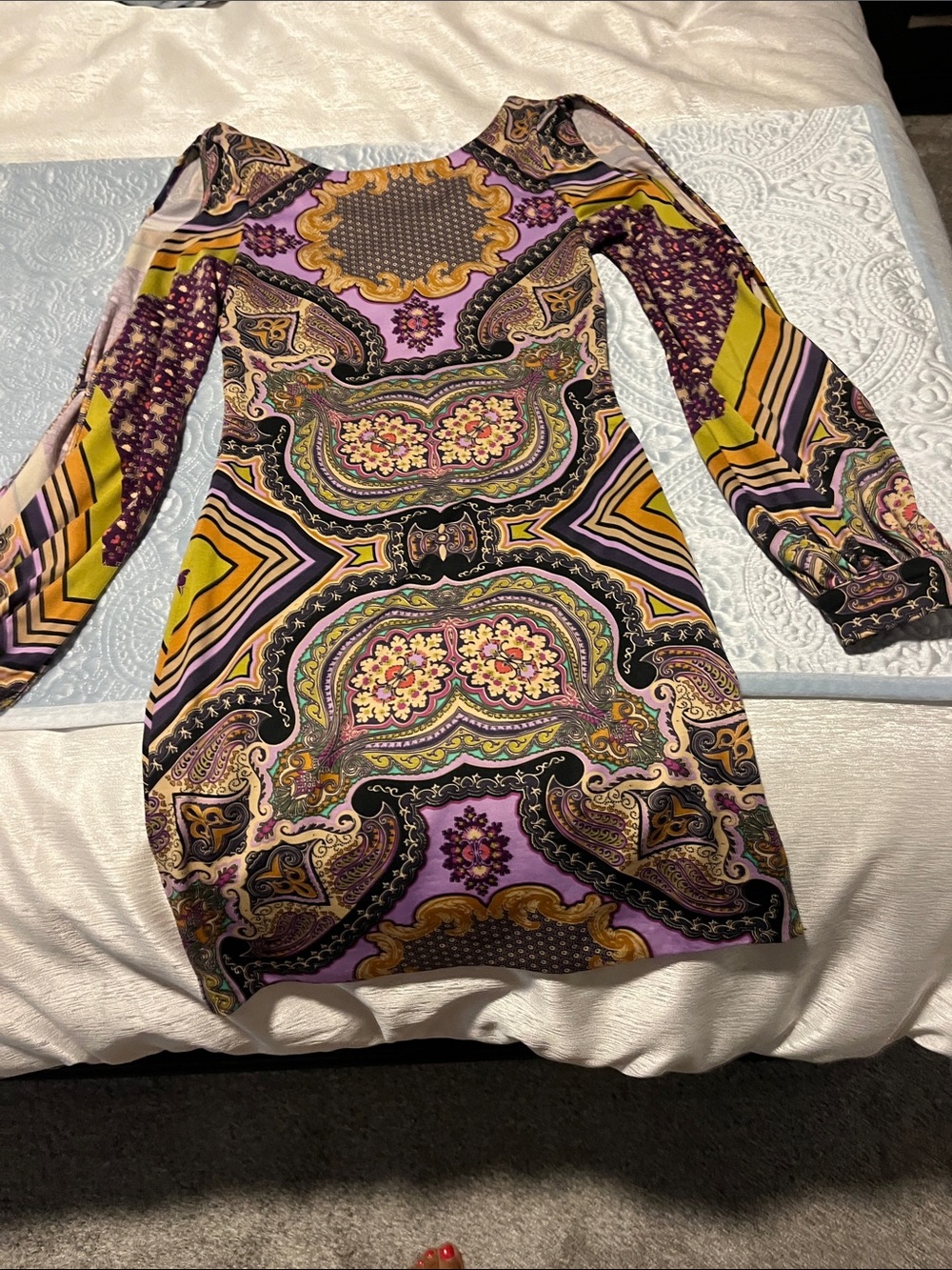Arden B Paisley-Print Long Sleeve Mini Dress in Purple and Mustard